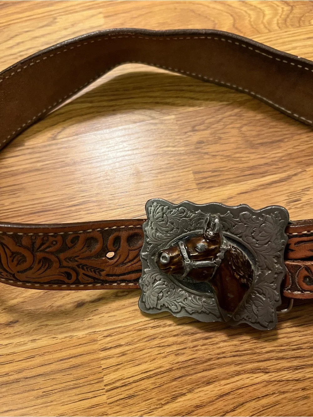 Vintage Unisex Brown Tooled Leather Western Belt with Decorative Buckle